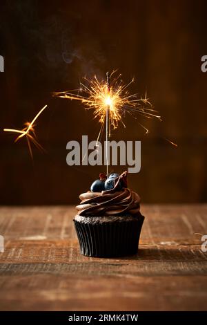 Birthday chocolate cupcake with a sparkler on a rustic old table with brown colour background. Monochromatic colour pallet. Celebration. Copy space. Stock Photo