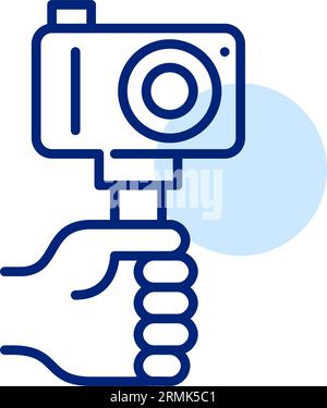 Hand holding a camera on a selfie stick. Filming vlogs or news content. Pixel perfect icon Stock Vector