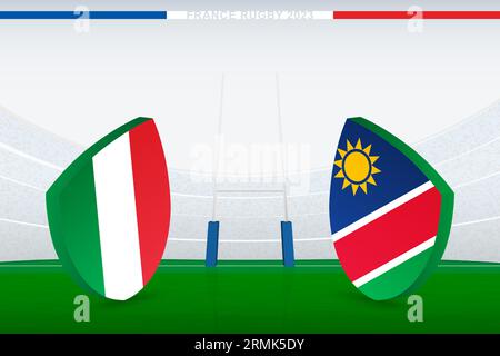 Match between Italy and Namibia, illustration of rugby flag icon on rugby stadium. Vector illustration. Stock Vector