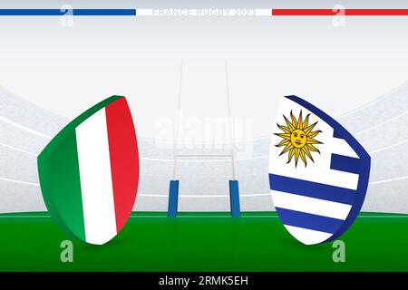 Match between Italy and Uruguay, illustration of rugby flag icon on rugby stadium. Vector illustration. Stock Vector