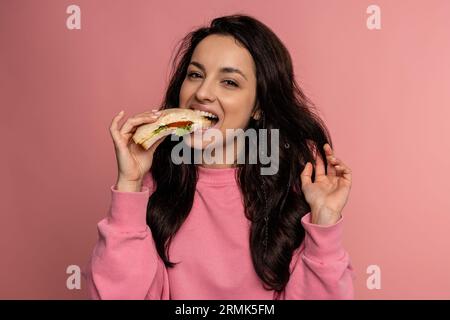 Hungry young dark-haired lady dressed in the jumper enjoying her nutritious sarnie in front of the camera. Healthy snack concept Stock Photo