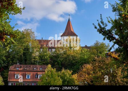 Historic buildings at the famous old town of Freiberg am Neckar. Germany clock tower of old town hall. Colorful half-timbered houses in historical med Stock Photo