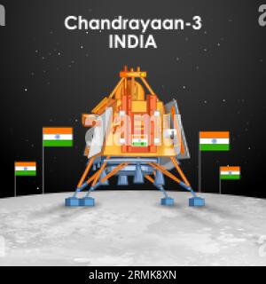 Chandrayaan 3 rocket mission launched by India for lunar exploration missionwith lander Vikram and rover Pragyan Stock Vector