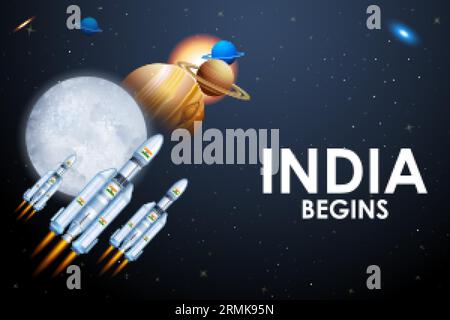 Chandrayaan 3 rocket mission launched by India for lunar exploration missionwith lander Vikram and rover Pragyan Stock Vector