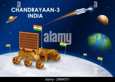 Chandrayaan 3 rocket mission launched by India for lunar exploration missionwith lander Vikram and rover Pragyan Stock Vector