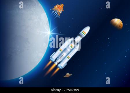 Chandrayaan 3 rocket mission launched by India for lunar exploration missionwith lander Vikram and rover Pragyan Stock Vector