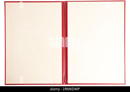 Open red leather note book isolated on white background. Stock Photo