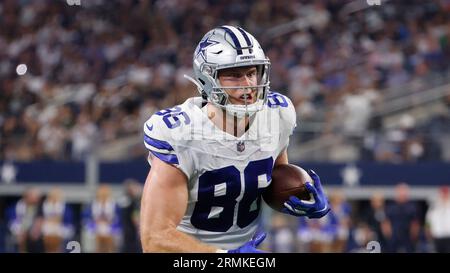 Arlington, United States. 26th Aug, 2023. Dallas Cowboys tight end Luke  Schoonmaker (86) celebrates a touchdown with another tight end Sean McKeon  (84) during a NFL preseason season game between the Las