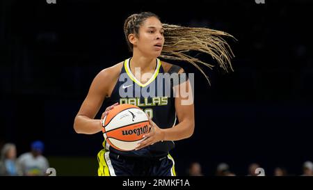 Dallas Wings guard Veronica Burton (12) dribbles during the first half of a  WNBA basketball basketball game against the Phoenix Mercury in Arlington,  Texas, Friday, June 9, 2023. (AP Photo/LM Otero Stock