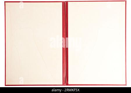 Open red leather note book isolated on white background. Stock Photo