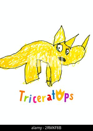 Triceratops children's drawing. Triceratops dinosaur in cartoon style on white background. Vector colored pencil illustration for t-shirt or birthday Stock Vector