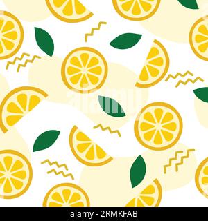Lemon Slice Seamless Pattern. Colorful Summer Pattern. Fresh lemon Background With Green Leaves. Stock Vector