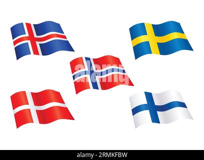 flying scandinavian flags set of 5 denmark iceland norway sweden finland silk icon vector isolated on white background Stock Vector
