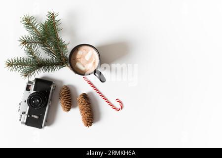 Coffee cup with green fir tree branch table Stock Photo