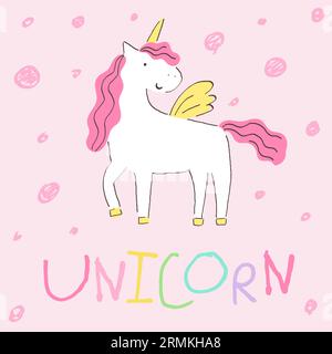 cute unicorn with pink hair and tail and soft yellow wings and corn. A few spots on pink background. Kiddish lettering Perfect for textile, wallpaper Stock Vector