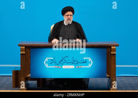 Tehran, Iran. 29th Aug, 2023. Iranian President Ebrahim Raisi speaks during a press conference in Tehran, Iran, Tuesday, Aug. 29, 2023. (Photo by Sobhan Farajvan/Pacific Press) Credit: Pacific Press Media Production Corp./Alamy Live News Stock Photo