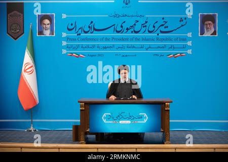 Tehran, Iran. 29th Aug, 2023. Iranian President Ebrahim Raisi speaks during a press conference in Tehran, Iran, Tuesday, Aug. 29, 2023. (Photo by Sobhan Farajvan/Pacific Press) Credit: Pacific Press Media Production Corp./Alamy Live News Stock Photo