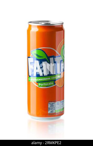 CHISINAU, MOLDOVA - AUGUST 27, 2023. Aluminum can with sweet carbonated drink Fanta isolated on a white background. Popular beverage brand. With clipp Stock Photo