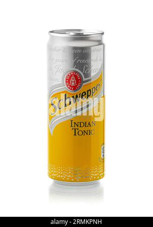 CHISINAU, MOLDOVA - AUGUST 27, 2023. Aluminum can with sweet carbonated drink Schweppes isolated on a white background. Popular beverage brand. With c Stock Photo