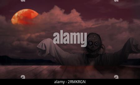 Scary Momo standing behind the wall in the dark background. Scary face for  Halloween. Halloween concept Stock Photo - Alamy