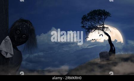 Scary Momo standing behind the wall in the dark background. Scary face for  Halloween. Halloween concept Stock Photo - Alamy