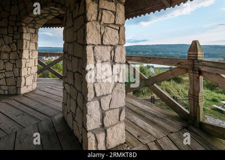 The observation tower in Krasnobrod. View from inside the tower. Stone walls. Forests and floodplains in the background. Roztocze, Poland Stock Photo