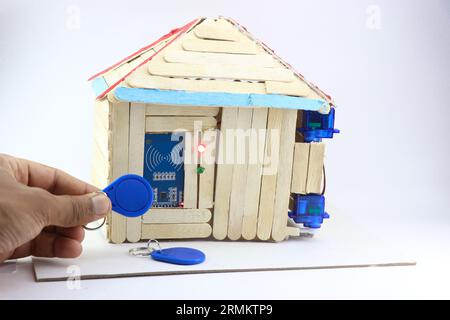 RFID based door lock system prototype. Working model of a tag based house door lock system showing concept of modern digital security system Stock Photo