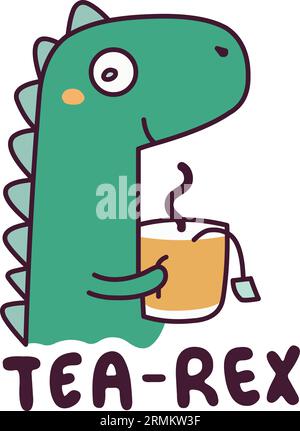 Green dinosaur drinking cup of tea with the text Tea-Rex Stock Vector