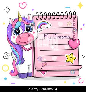 A cute cartoon white unicorn with a necklace is holding a big pink notebook with stickers. Vector illustration of an animal on a white background. Stock Vector