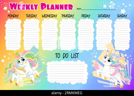 Timetable with cute unicorns. Rainbow girly weekly planner. Ready to print vector design of timetable for baby girls with magic horses. Kids schedule Stock Vector
