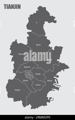 Tianjin city administrative map isolated on gray background, China Stock Vector