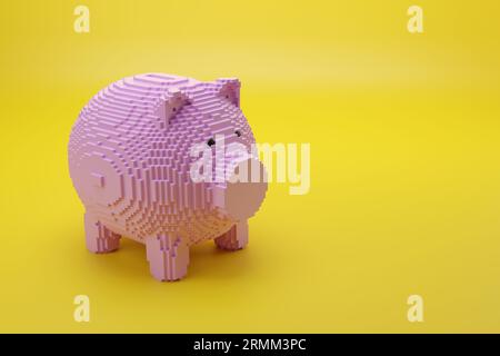 Piggy bank pixel art style with copy space. 3d illustration. Stock Photo