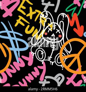 Graffiti Slogan Extra Fun, Funny Bunny Seamless Pattern in Neon Colors. Urban typography print with Teddy Rabbit. Abstract graphic underground unisex design for t-shirts and sweatshirt for teenagers. Stock Vector