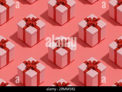 Isometric seamless pattern of pink gift boxes. 3d illustration. Stock Photo