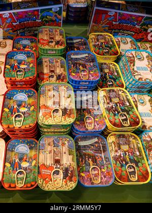 Portugal, Lisbon, Colorful sardines cans displayed in a store inside the LX Factory complex.   Photo © Fabio Mazzarella/Sintesi/Alamy Stock Photo Stock Photo