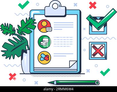 Tablet questionnaire of doctor with filled in patient data and prescribed course of treatment. Preliminary collection of documents for diagnosis. Cart Stock Vector