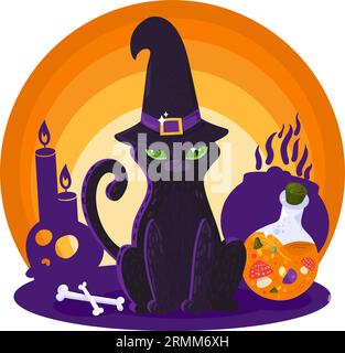 Halloween Black Cat with glowing yellow eyes in sorceress hat sits against backdrop of fireplace fire. Arcane items for witchcraft and rituals. Cartoo Stock Vector