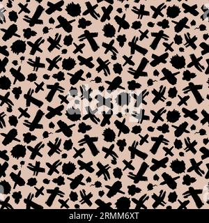 Grunge blots and brush lines seamless pattern with freehand shaped lines drawn in black acrylic paint. Ornament for printing on fabric, cover and pack Stock Vector