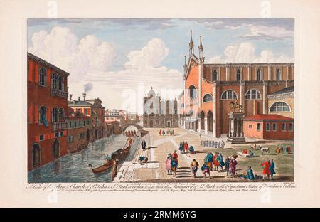 A view of the Place and Church of St. John & St. Paul at Venice and near them the Monastery of St. Mark and the Equestrian statue of Bartolomeo Colleoni.  After a mid-18th century print by John Bowles from a work by Michele Marieschi.  Later colourization. Stock Photo