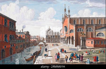 A view of the Place and Church of St. John & St. Paul at Venice and near them the Monastery of St. Mark and the Equestrian statue of Bartolomeo Colleoni.  After a mid-18th century print by John Bowles from a work by Michele Marieschi.  Later colourization. Stock Photo