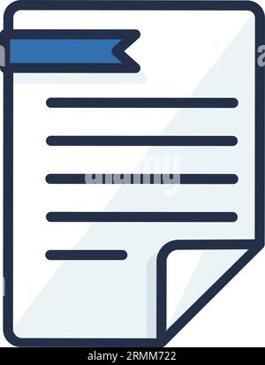 Document icon with bookmark and curled corner. Agreement and legal contract. Electronic document management. Stroke outline vector symbol isolated on Stock Vector