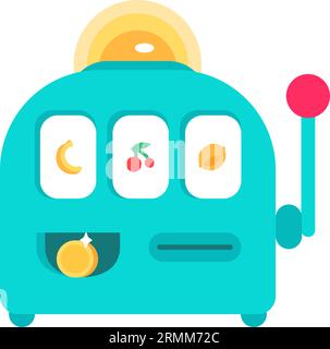 Slot machine, one armed bandit with spinning fruits on screen. Gambling green prize fortune device. Casino and gambling device. Simple flat vector ico Stock Vector