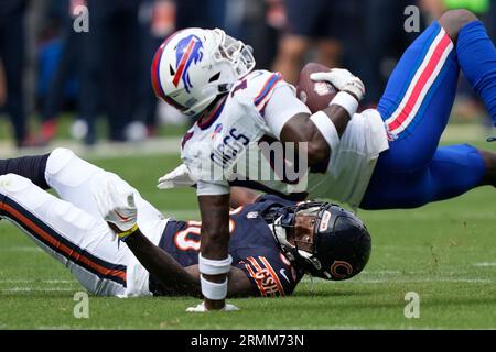 CHICAGO, IL - AUGUST 09: Chicago Bears safety A.J. Thomas (21) looks on  during the Chicago Bears training camp Family Fest Day on August 9, 2022 at  Soldier Field in Chicago, IL. (