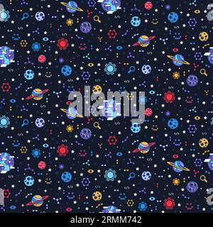 Bright dark open space seamless pattern with planet, asteroid and constellation, comet and moon, satellite, star. Ornament for printing on fabric, cov Stock Vector