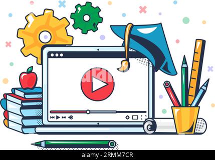 Online study with laptop and stack of school books, remote access program and breakfast on table. Modern technologies of remote e-learning. Color vect Stock Vector