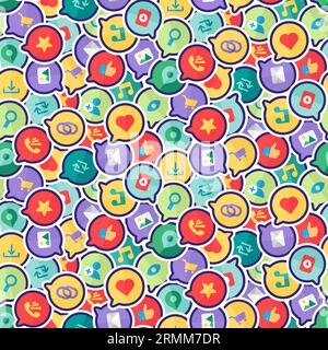 Pictogram of social media symbols for everyday tasks seamless pattern. Envelope, email, office call, purchase and appointment, like, video content. Or Stock Vector