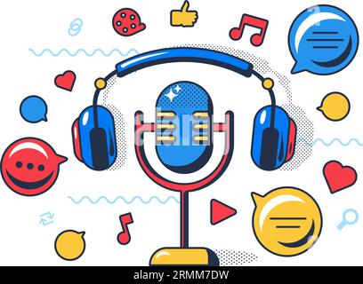 DJ radio host microphone with wireless headphones, likes, comments and popular music. Personal workplace at broadcasting studio. Cartoon outline vecto Stock Vector