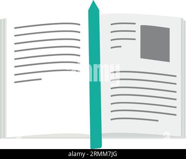 Open paper book with long bookmark, text and illustration on page. Using library materials to write brochure, dissertation, report. Simple flat vector Stock Vector