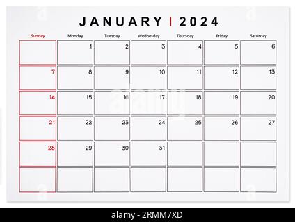 January 2024 table calendar with customizable space for text. Calendar  concept and copy space. Stock Photo