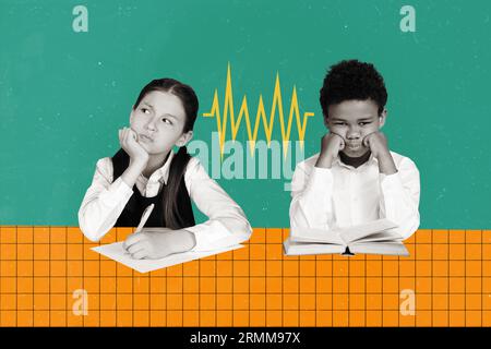 Collage artwork picture design of funny boy with schoolgirl sitting desk conflict hate learning not diligent isolated on green background Stock Photo